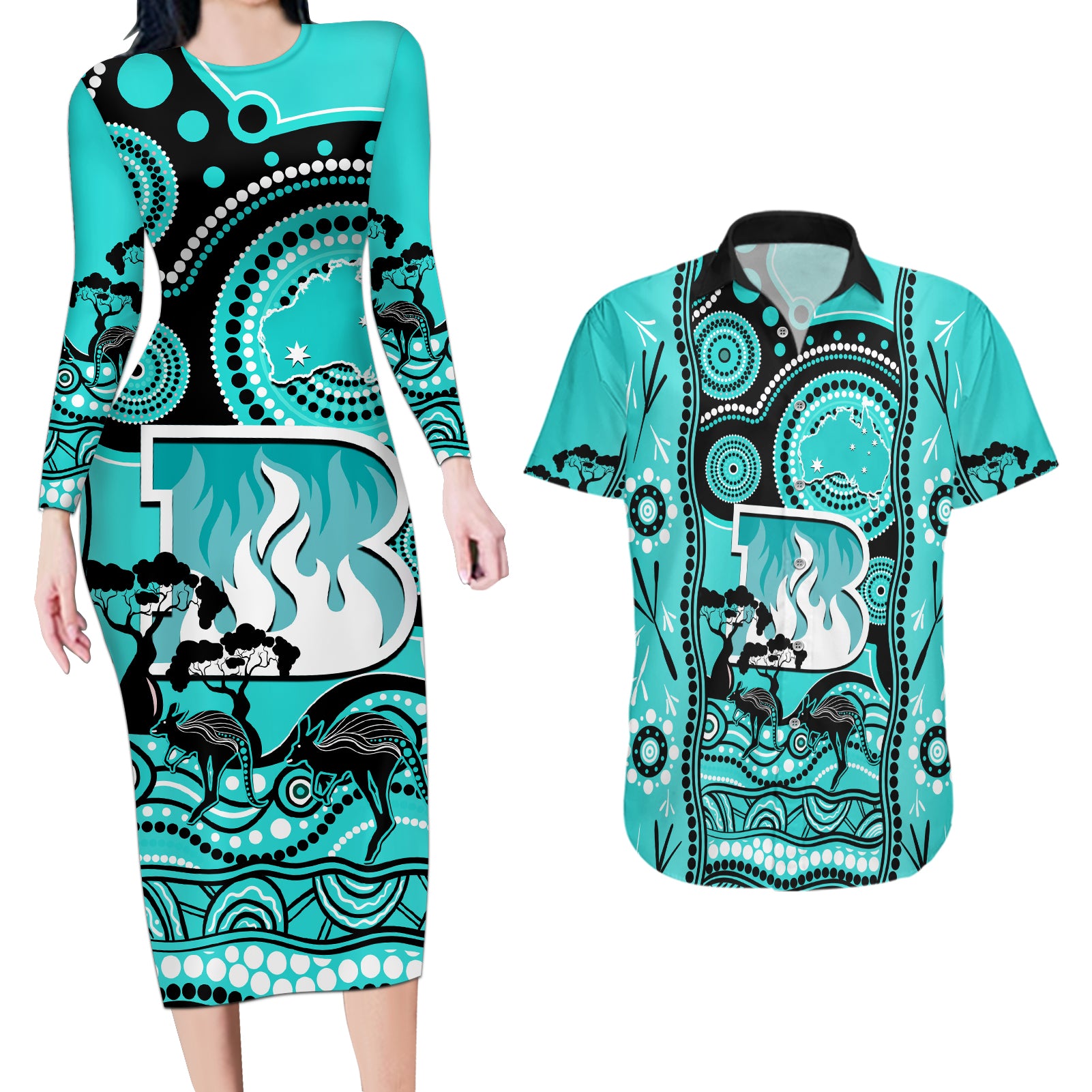 brisbane-heat-cricket-couples-matching-long-sleeve-bodycon-dress-and-hawaiian-shirt-happy-australia-day-aboriginal-art