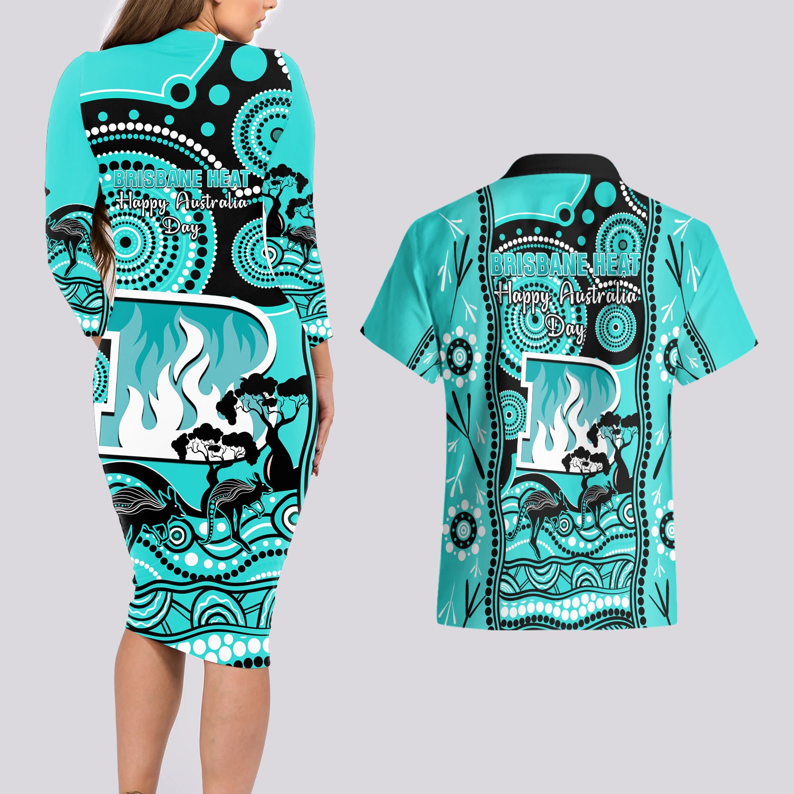 brisbane-heat-cricket-couples-matching-long-sleeve-bodycon-dress-and-hawaiian-shirt-happy-australia-day-aboriginal-art