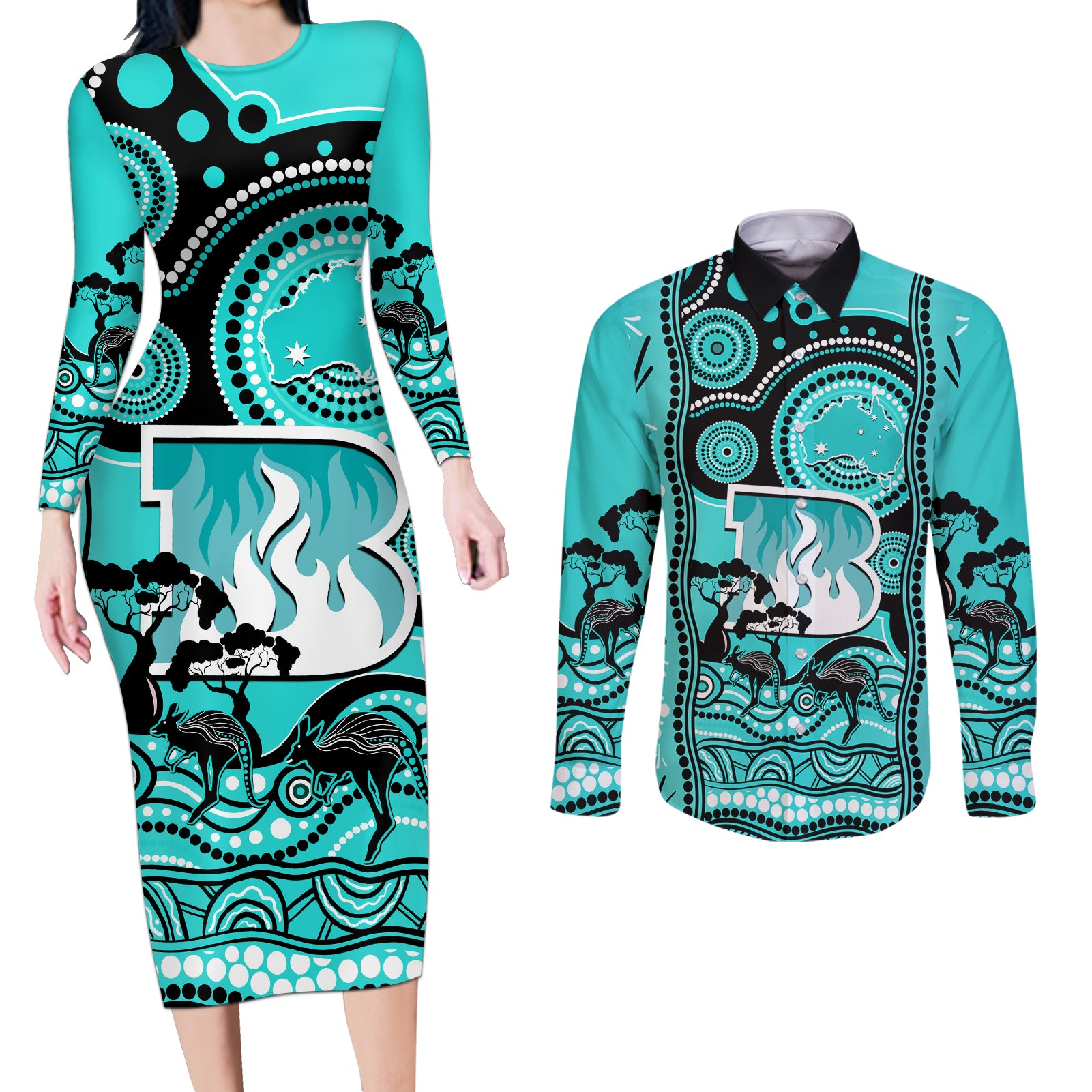 brisbane-heat-cricket-couples-matching-long-sleeve-bodycon-dress-and-long-sleeve-button-shirt-happy-australia-day-aboriginal-art