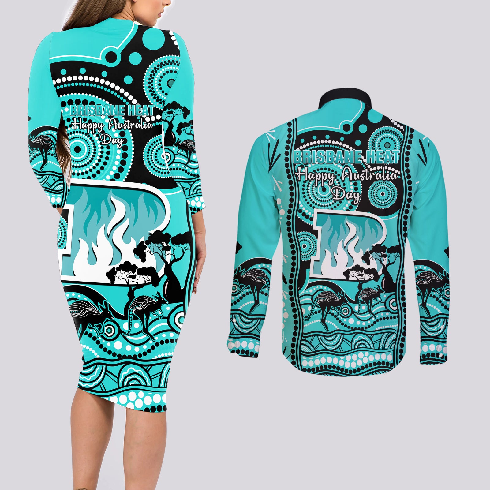 brisbane-heat-cricket-couples-matching-long-sleeve-bodycon-dress-and-long-sleeve-button-shirt-happy-australia-day-aboriginal-art