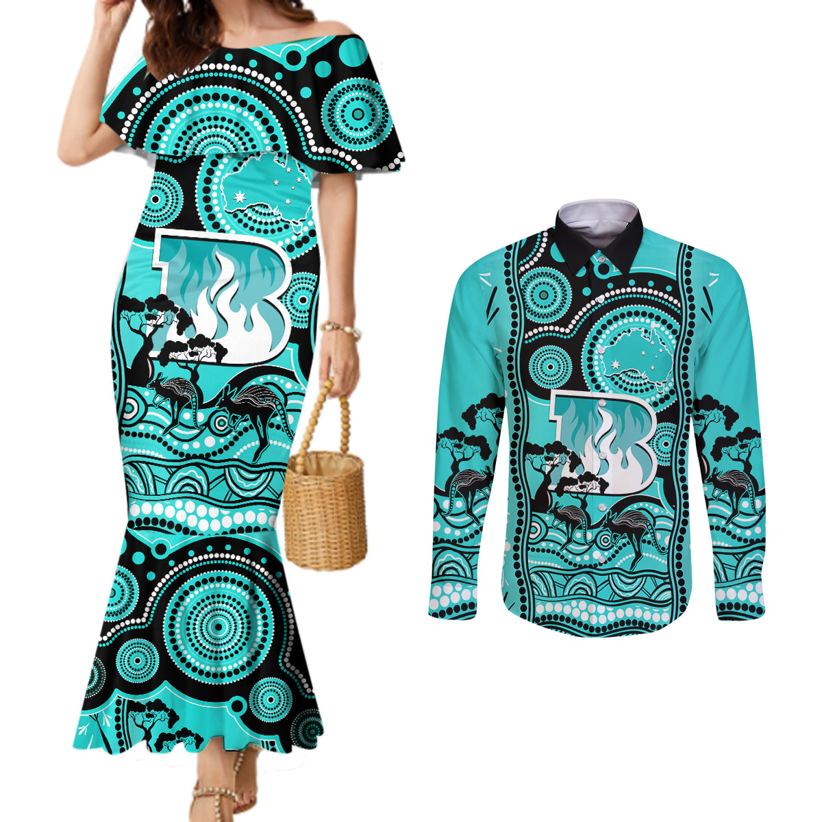 brisbane-heat-cricket-couples-matching-mermaid-dress-and-long-sleeve-button-shirt-happy-australia-day-aboriginal-art