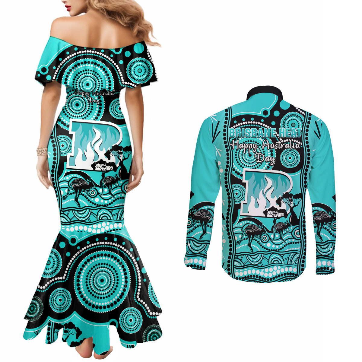 brisbane-heat-cricket-couples-matching-mermaid-dress-and-long-sleeve-button-shirt-happy-australia-day-aboriginal-art