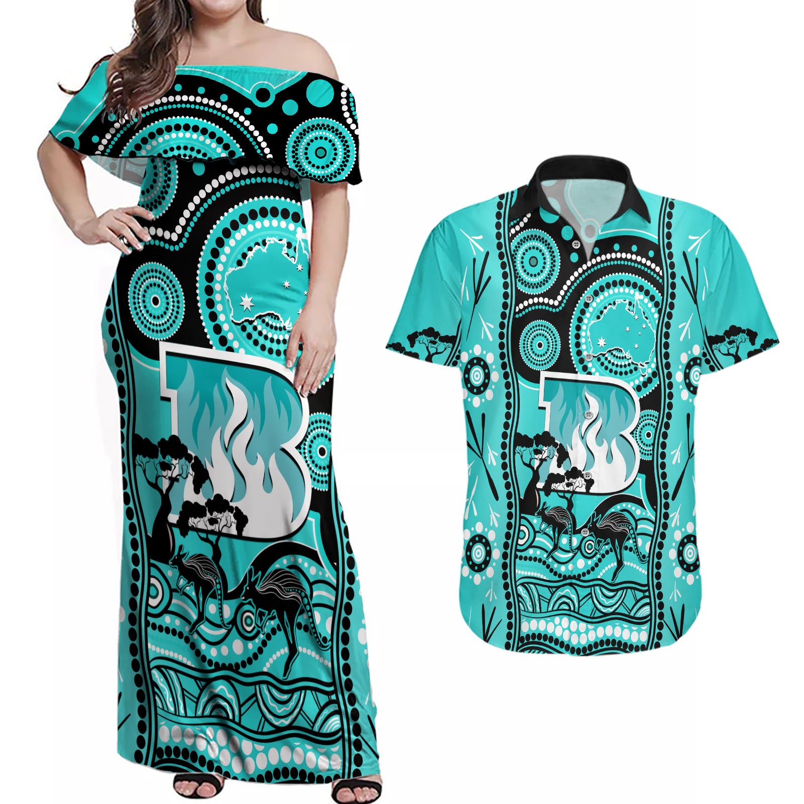 brisbane-heat-cricket-couples-matching-off-shoulder-maxi-dress-and-hawaiian-shirt-happy-australia-day-aboriginal-art