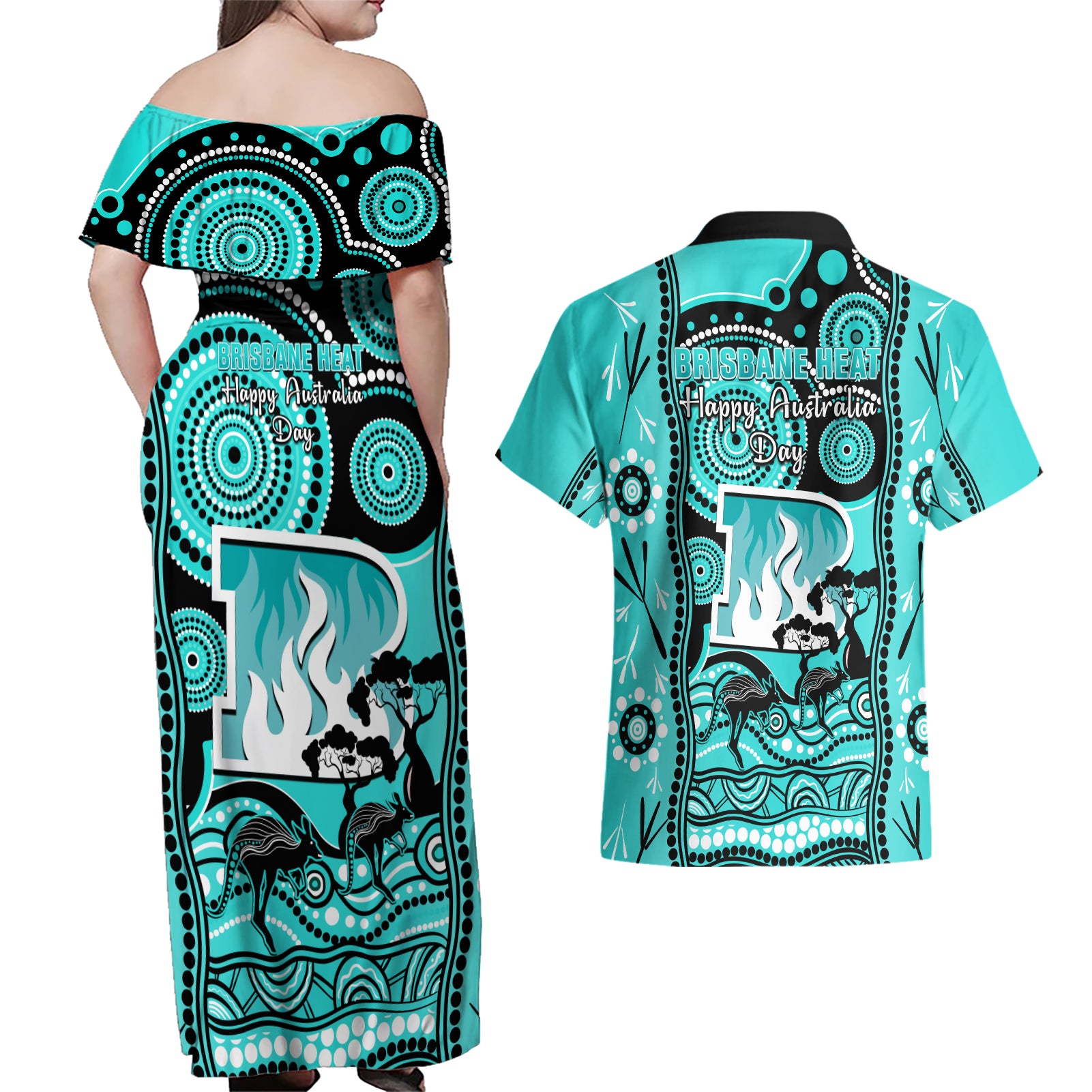 brisbane-heat-cricket-couples-matching-off-shoulder-maxi-dress-and-hawaiian-shirt-happy-australia-day-aboriginal-art