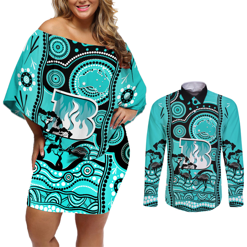 brisbane-heat-cricket-couples-matching-off-shoulder-short-dress-and-long-sleeve-button-shirt-happy-australia-day-aboriginal-art