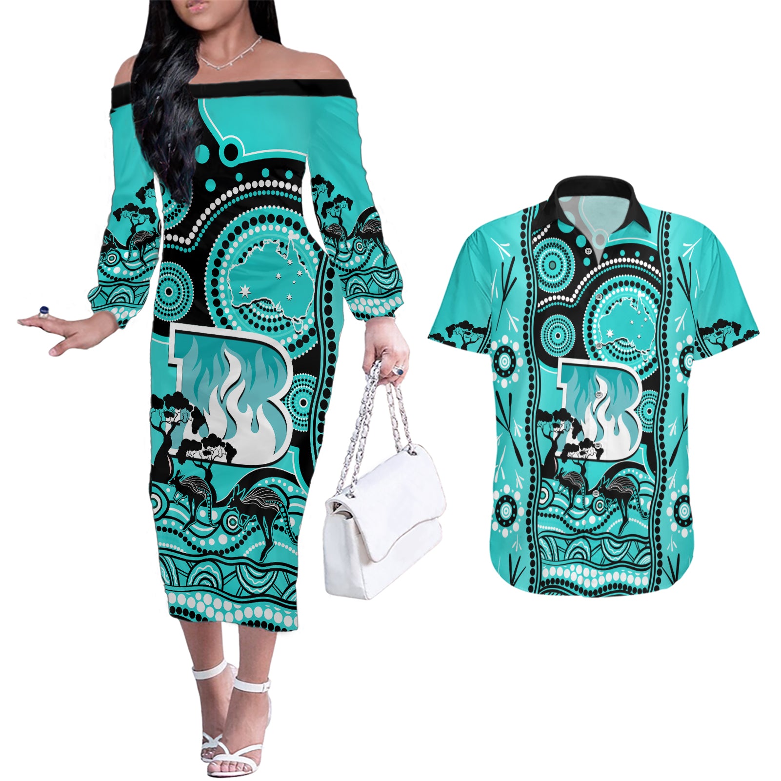 brisbane-heat-cricket-couples-matching-off-the-shoulder-long-sleeve-dress-and-hawaiian-shirt-happy-australia-day-aboriginal-art