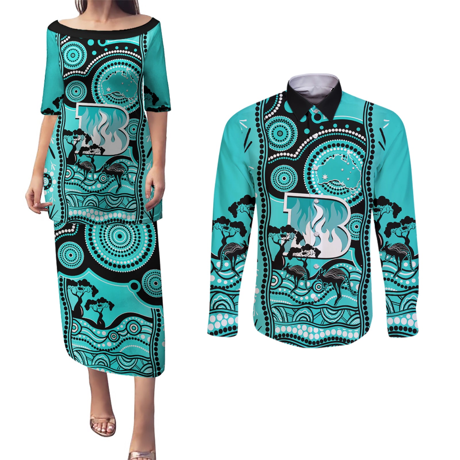 brisbane-heat-cricket-couples-matching-puletasi-dress-and-long-sleeve-button-shirt-happy-australia-day-aboriginal-art