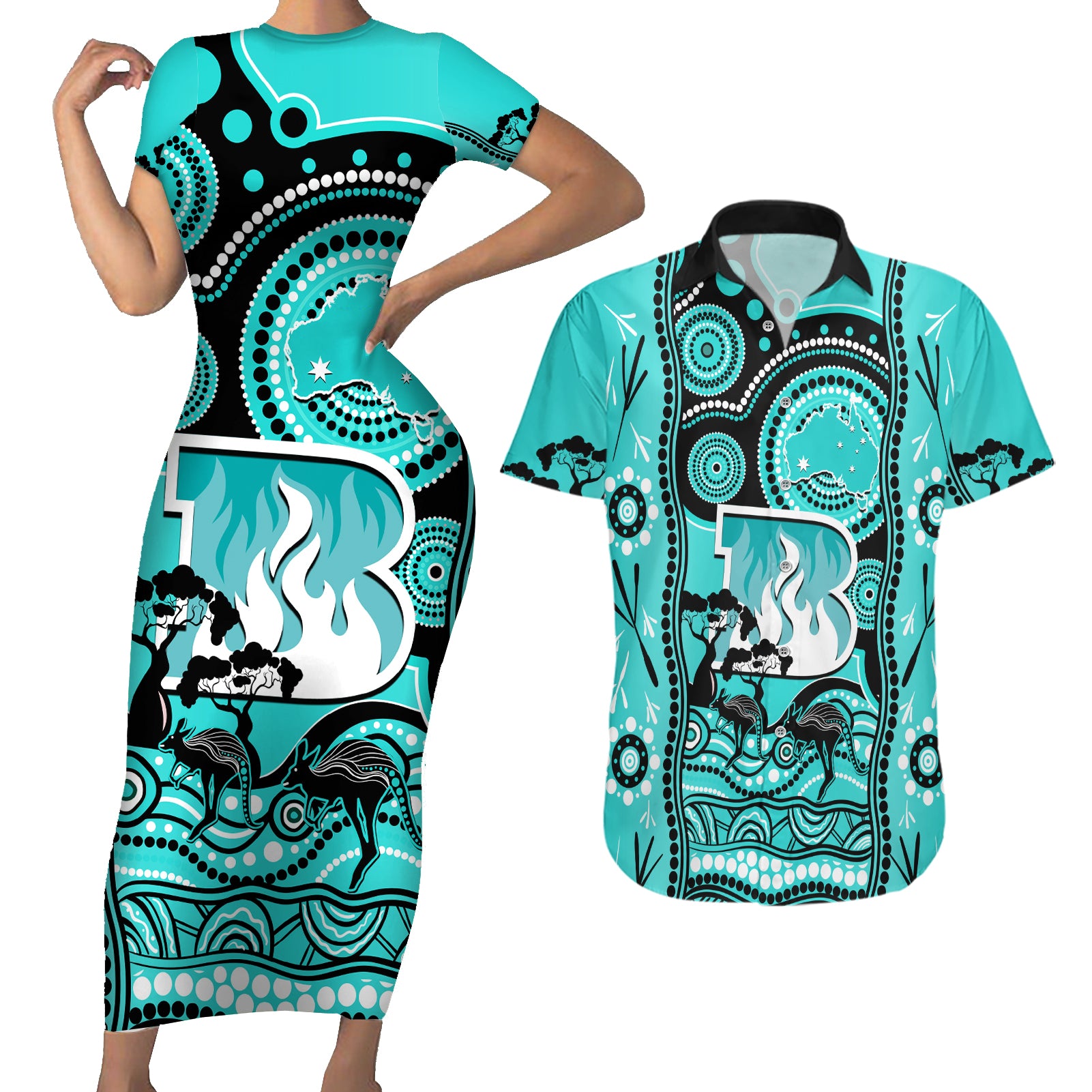 brisbane-heat-cricket-couples-matching-short-sleeve-bodycon-dress-and-hawaiian-shirt-happy-australia-day-aboriginal-art