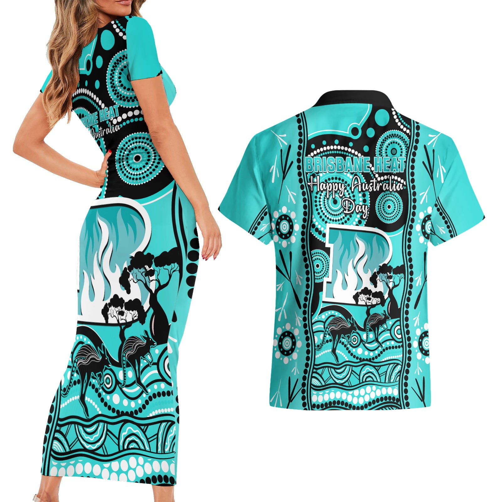 brisbane-heat-cricket-couples-matching-short-sleeve-bodycon-dress-and-hawaiian-shirt-happy-australia-day-aboriginal-art