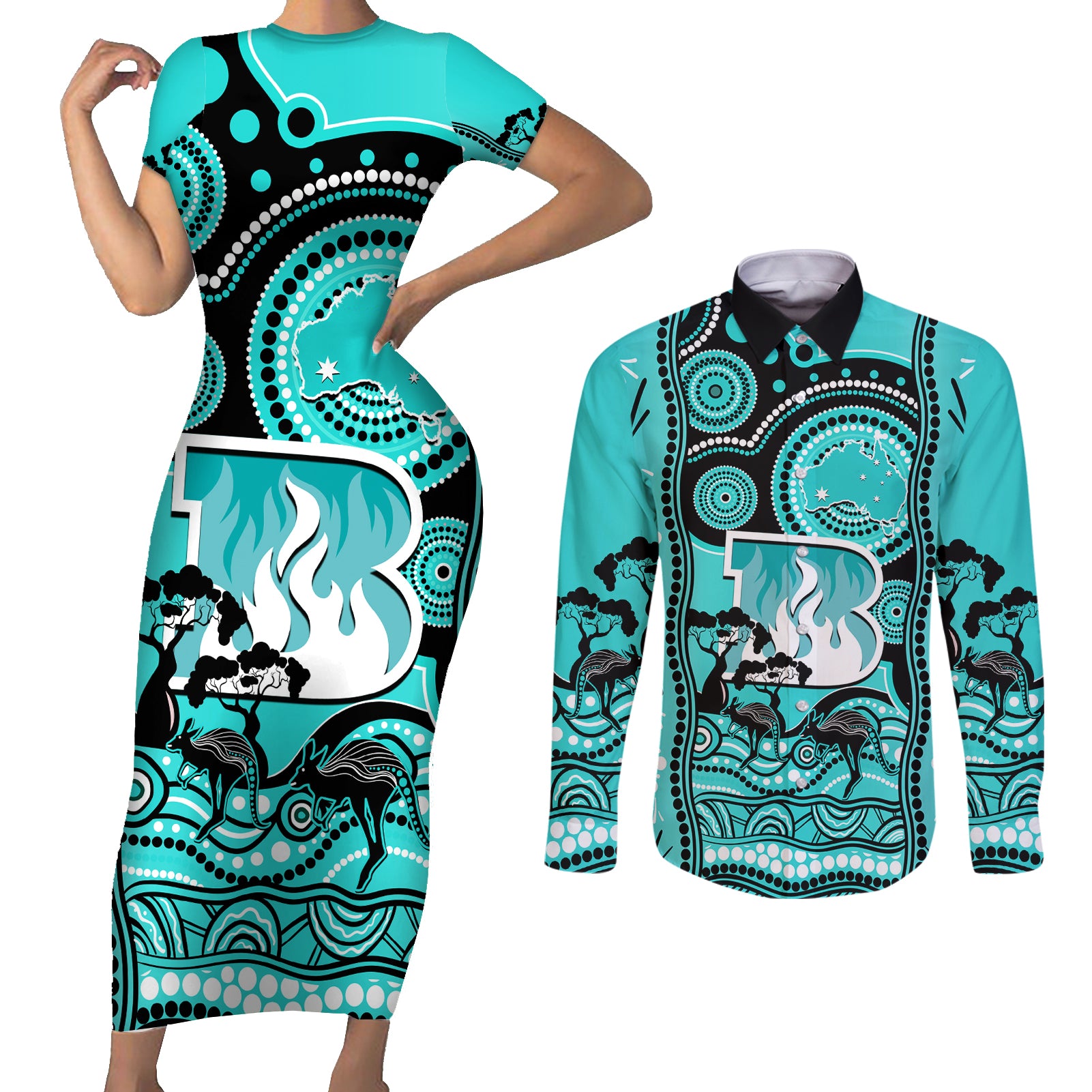 brisbane-heat-cricket-couples-matching-short-sleeve-bodycon-dress-and-long-sleeve-button-shirt-happy-australia-day-aboriginal-art