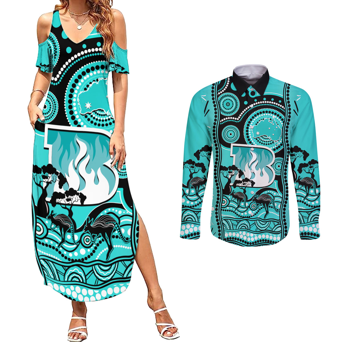 brisbane-heat-cricket-couples-matching-summer-maxi-dress-and-long-sleeve-button-shirt-happy-australia-day-aboriginal-art