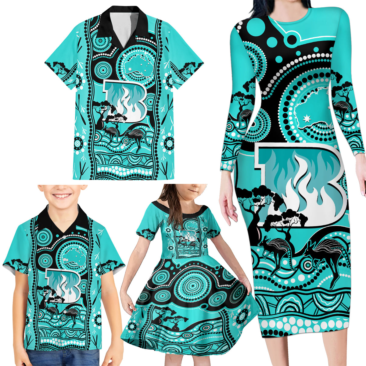 brisbane-heat-cricket-family-matching-long-sleeve-bodycon-dress-and-hawaiian-shirt-happy-australia-day-aboriginal-art