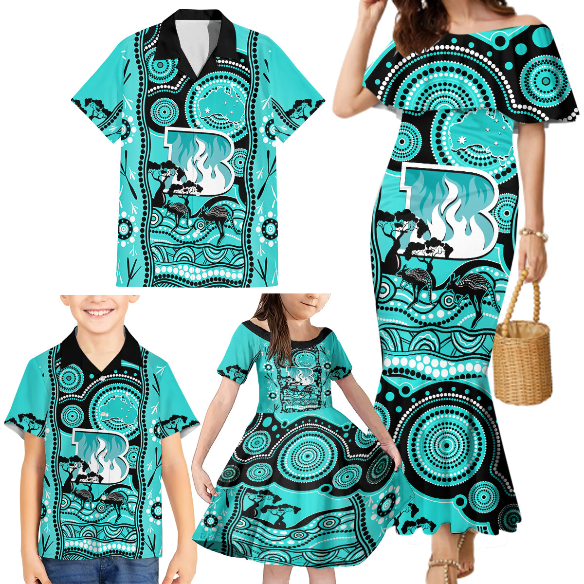 brisbane-heat-cricket-family-matching-mermaid-dress-and-hawaiian-shirt-happy-australia-day-aboriginal-art