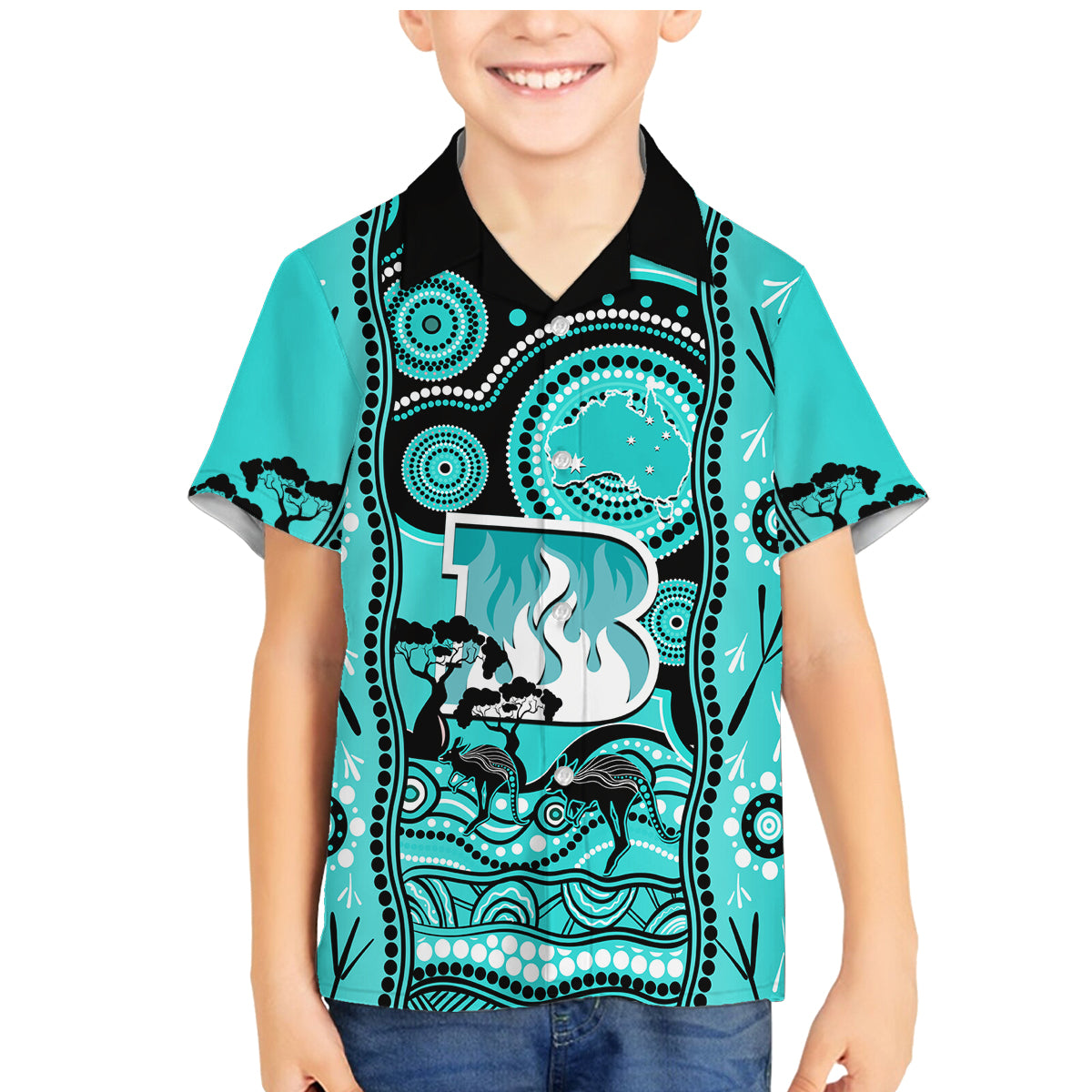 brisbane-heat-cricket-family-matching-mermaid-dress-and-hawaiian-shirt-happy-australia-day-aboriginal-art