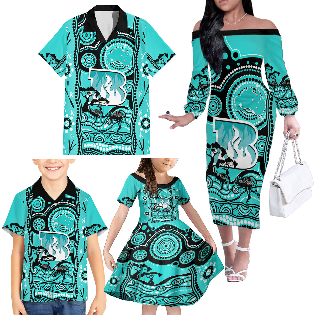 brisbane-heat-cricket-family-matching-off-shoulder-long-sleeve-dress-and-hawaiian-shirt-happy-australia-day-aboriginal-art