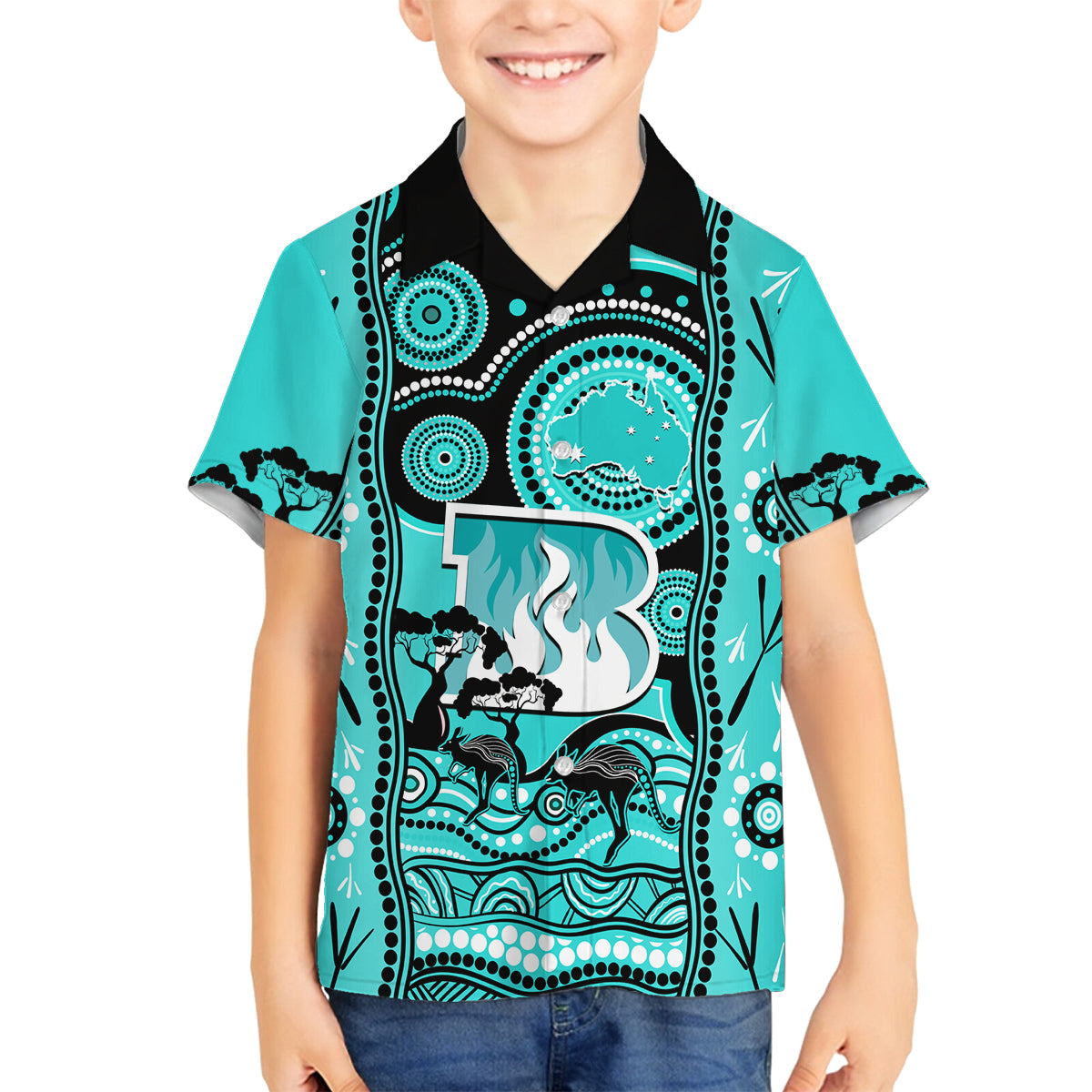 brisbane-heat-cricket-family-matching-off-shoulder-long-sleeve-dress-and-hawaiian-shirt-happy-australia-day-aboriginal-art