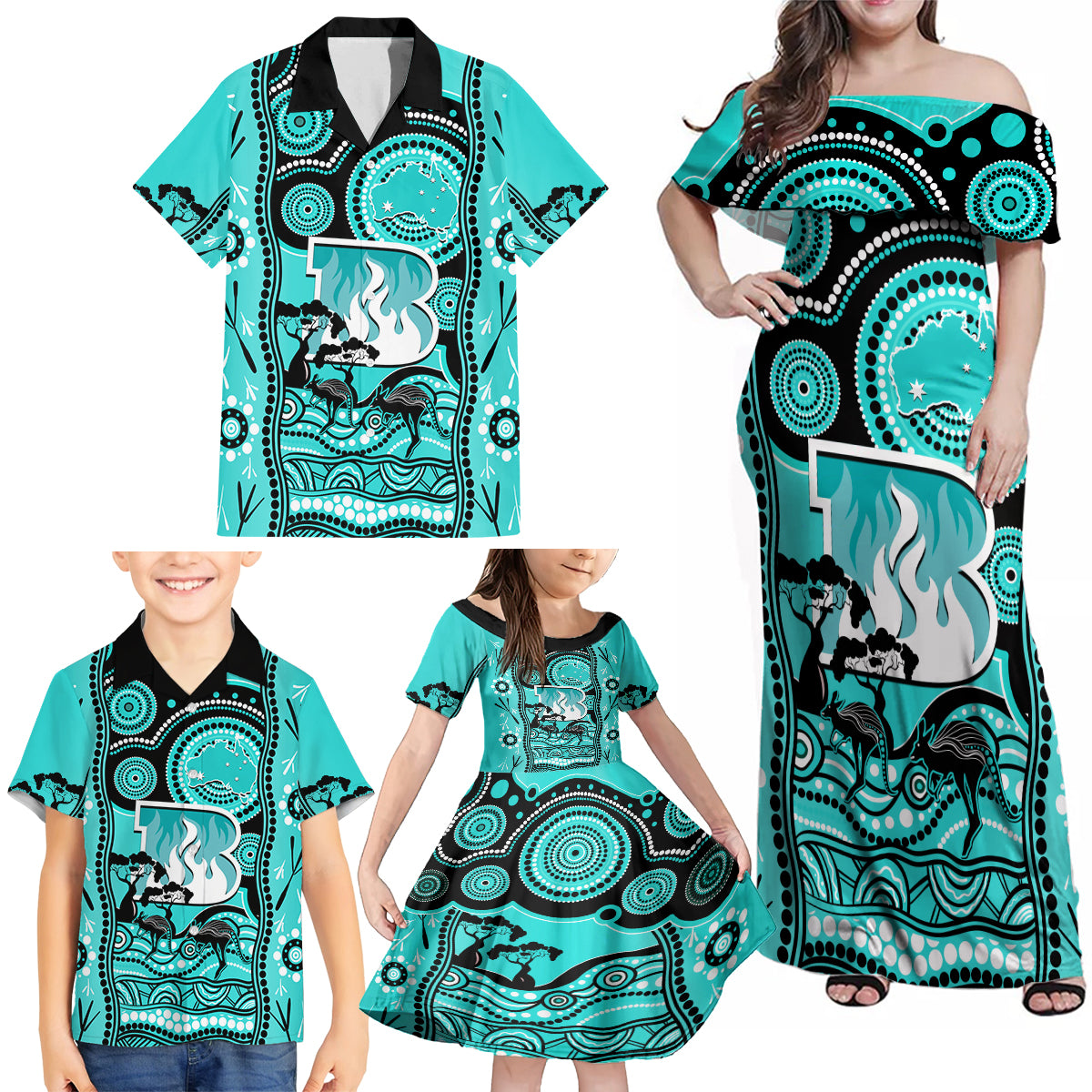 brisbane-heat-cricket-family-matching-off-shoulder-maxi-dress-and-hawaiian-shirt-happy-australia-day-aboriginal-art