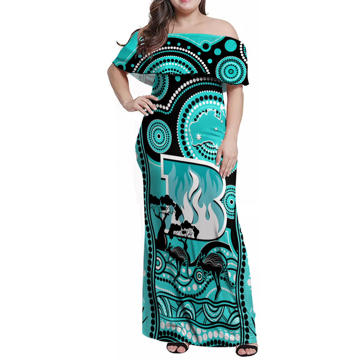 brisbane-heat-cricket-family-matching-off-shoulder-maxi-dress-and-hawaiian-shirt-happy-australia-day-aboriginal-art