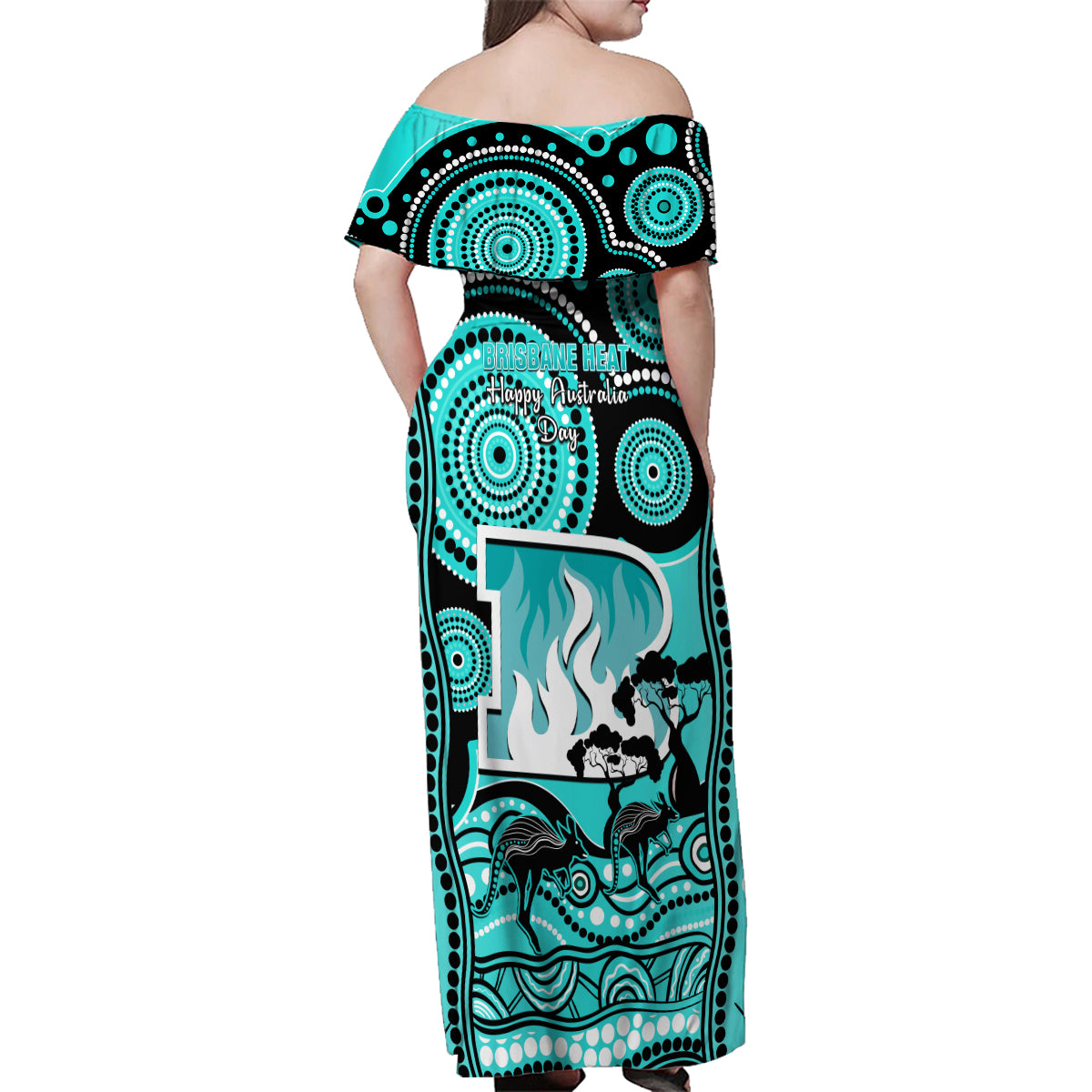 brisbane-heat-cricket-family-matching-off-shoulder-maxi-dress-and-hawaiian-shirt-happy-australia-day-aboriginal-art