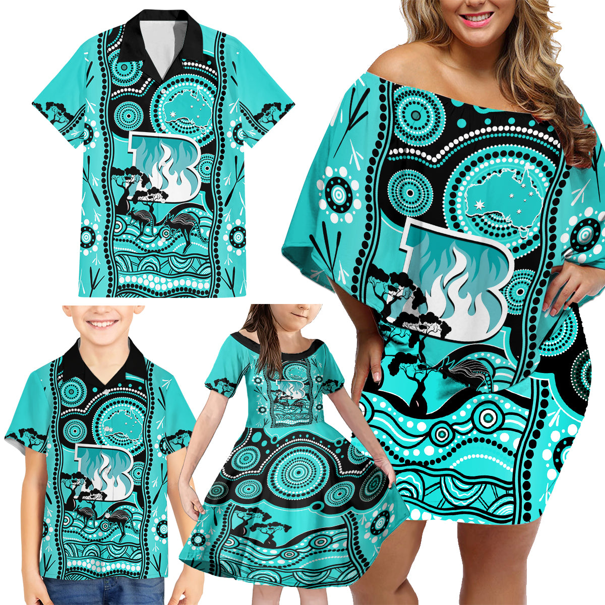 brisbane-heat-cricket-family-matching-off-shoulder-short-dress-and-hawaiian-shirt-happy-australia-day-aboriginal-art