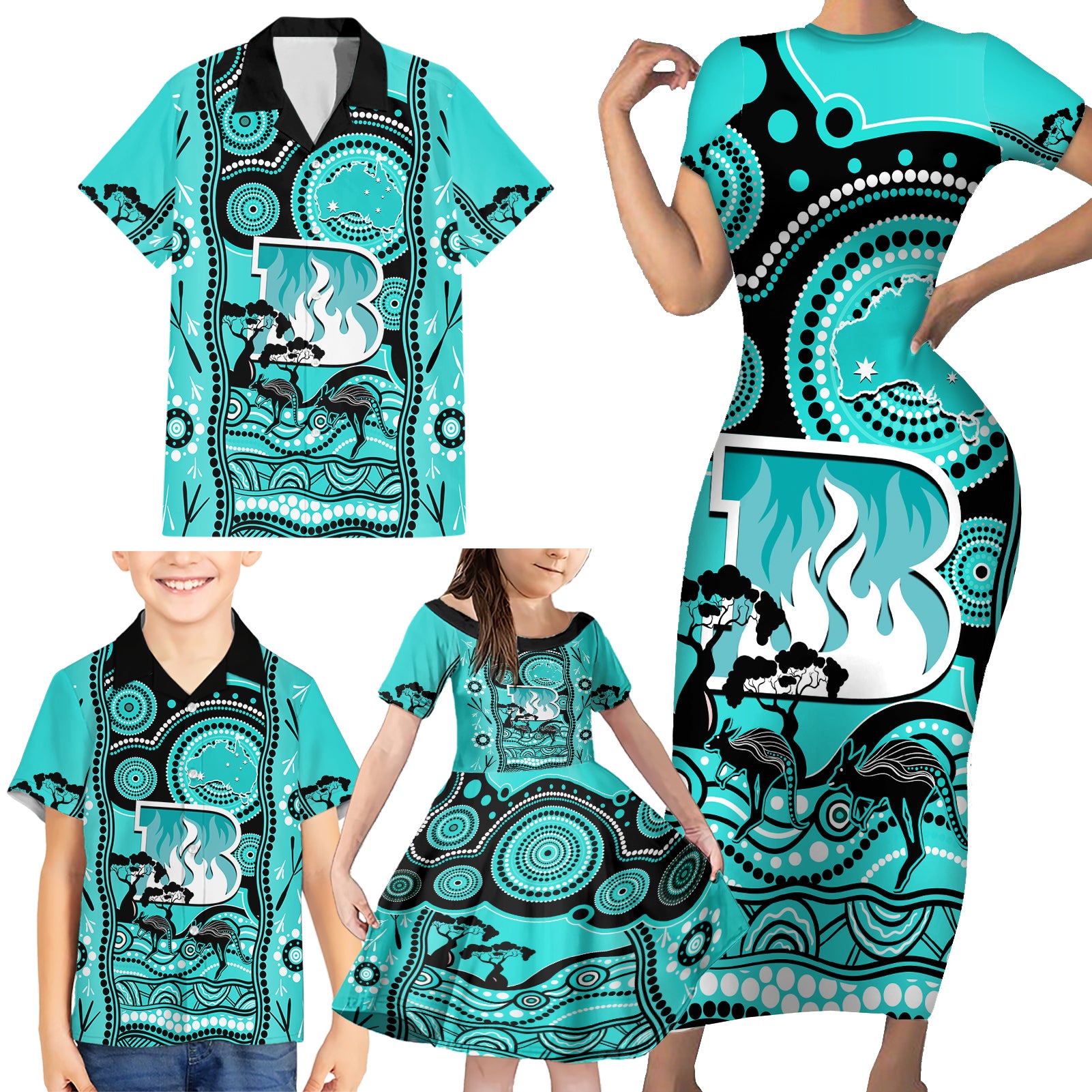 brisbane-heat-cricket-family-matching-short-sleeve-bodycon-dress-and-hawaiian-shirt-happy-australia-day-aboriginal-art