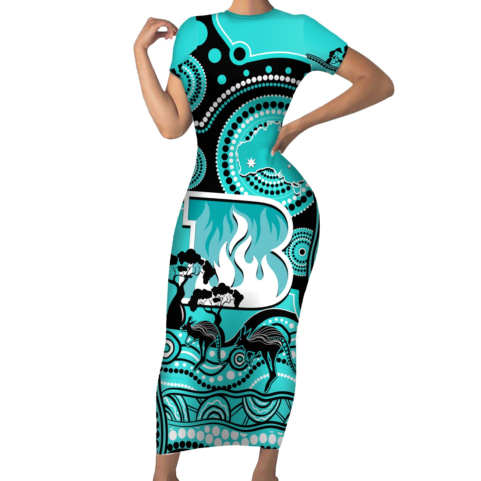 brisbane-heat-cricket-family-matching-short-sleeve-bodycon-dress-and-hawaiian-shirt-happy-australia-day-aboriginal-art