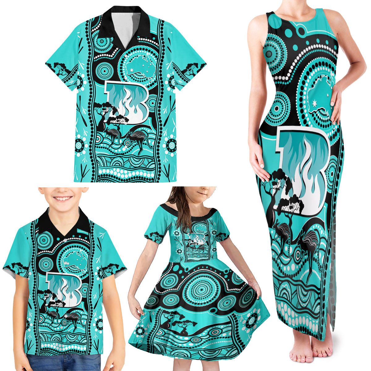 brisbane-heat-cricket-family-matching-tank-maxi-dress-and-hawaiian-shirt-happy-australia-day-aboriginal-art