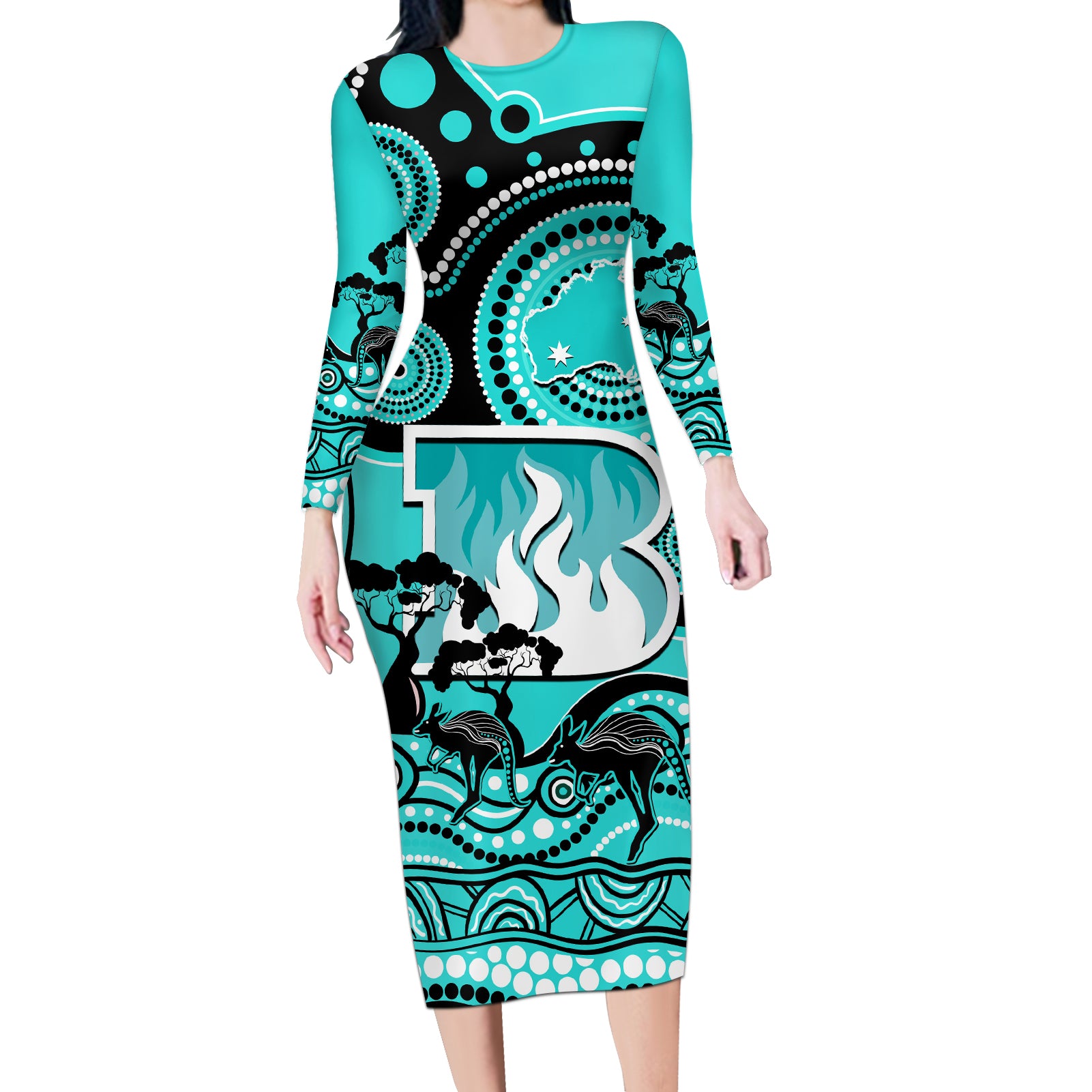 brisbane-heat-cricket-long-sleeve-bodycon-dress-happy-australia-day-aboriginal-art