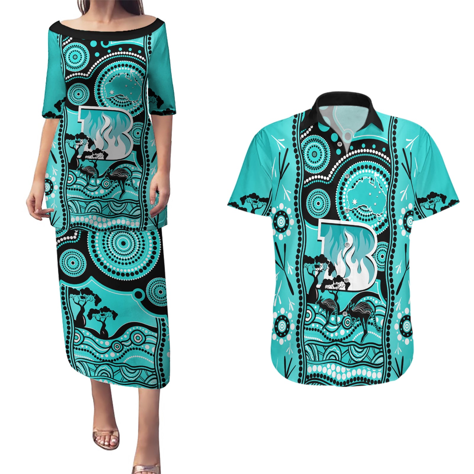 custom-brisbane-heat-cricket-couples-matching-puletasi-dress-and-hawaiian-shirt-happy-australia-day-aboriginal-art