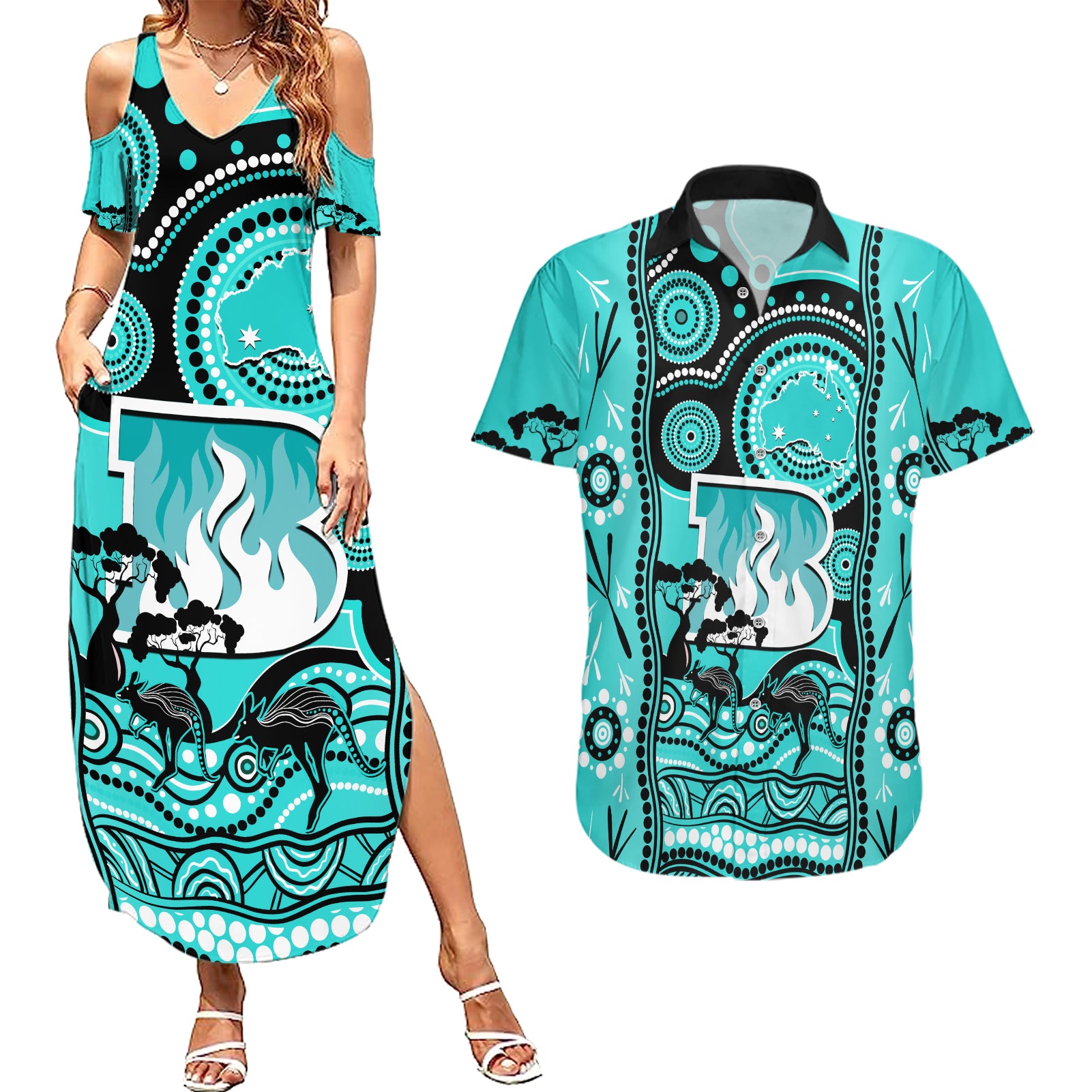 custom-brisbane-heat-cricket-couples-matching-summer-maxi-dress-and-hawaiian-shirt-happy-australia-day-aboriginal-art