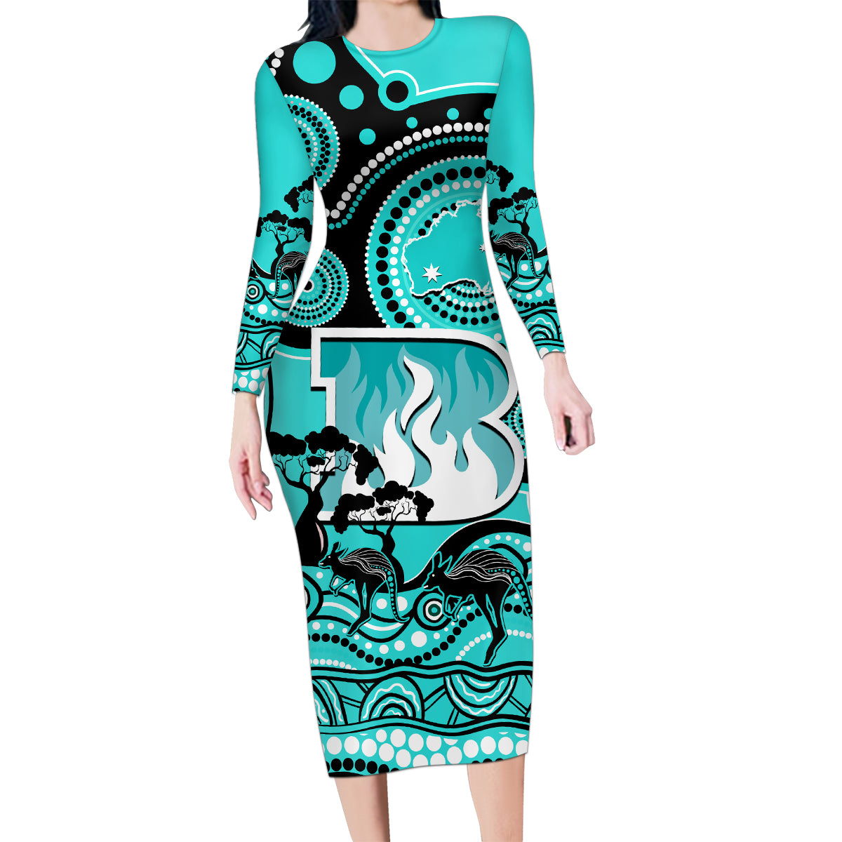 custom-brisbane-heat-cricket-family-matching-long-sleeve-bodycon-dress-and-hawaiian-shirt-happy-australia-day-aboriginal-art