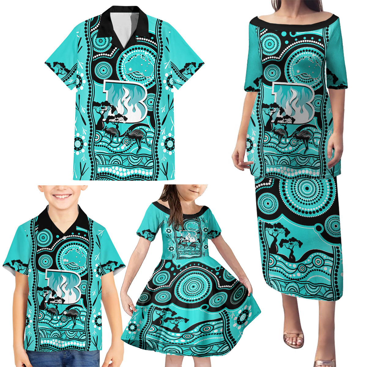 custom-brisbane-heat-cricket-family-matching-puletasi-dress-and-hawaiian-shirt-happy-australia-day-aboriginal-art