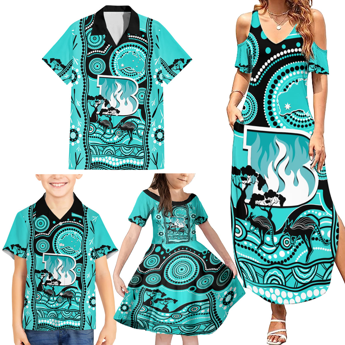 custom-brisbane-heat-cricket-family-matching-summer-maxi-dress-and-hawaiian-shirt-happy-australia-day-aboriginal-art