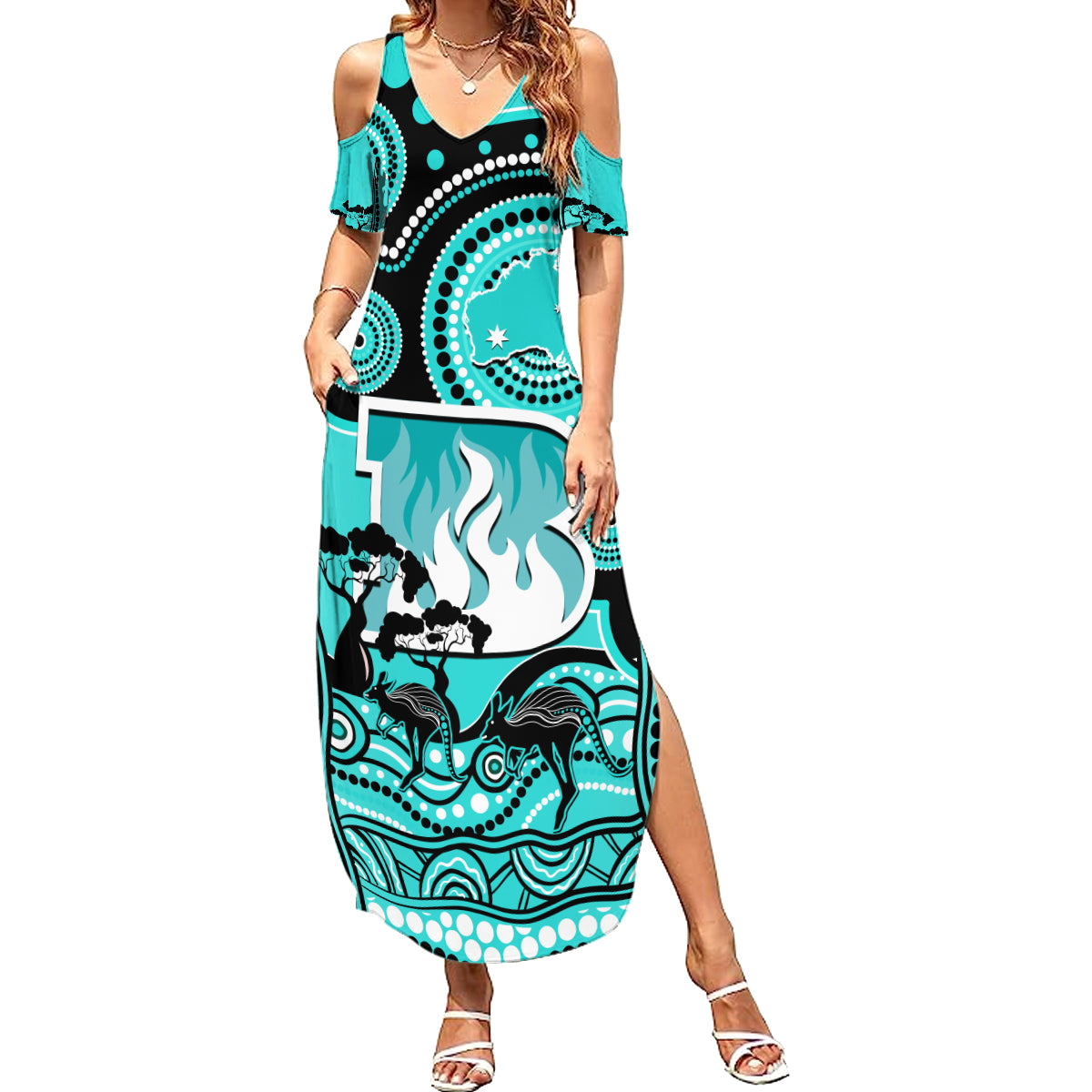 custom-brisbane-heat-cricket-family-matching-summer-maxi-dress-and-hawaiian-shirt-happy-australia-day-aboriginal-art