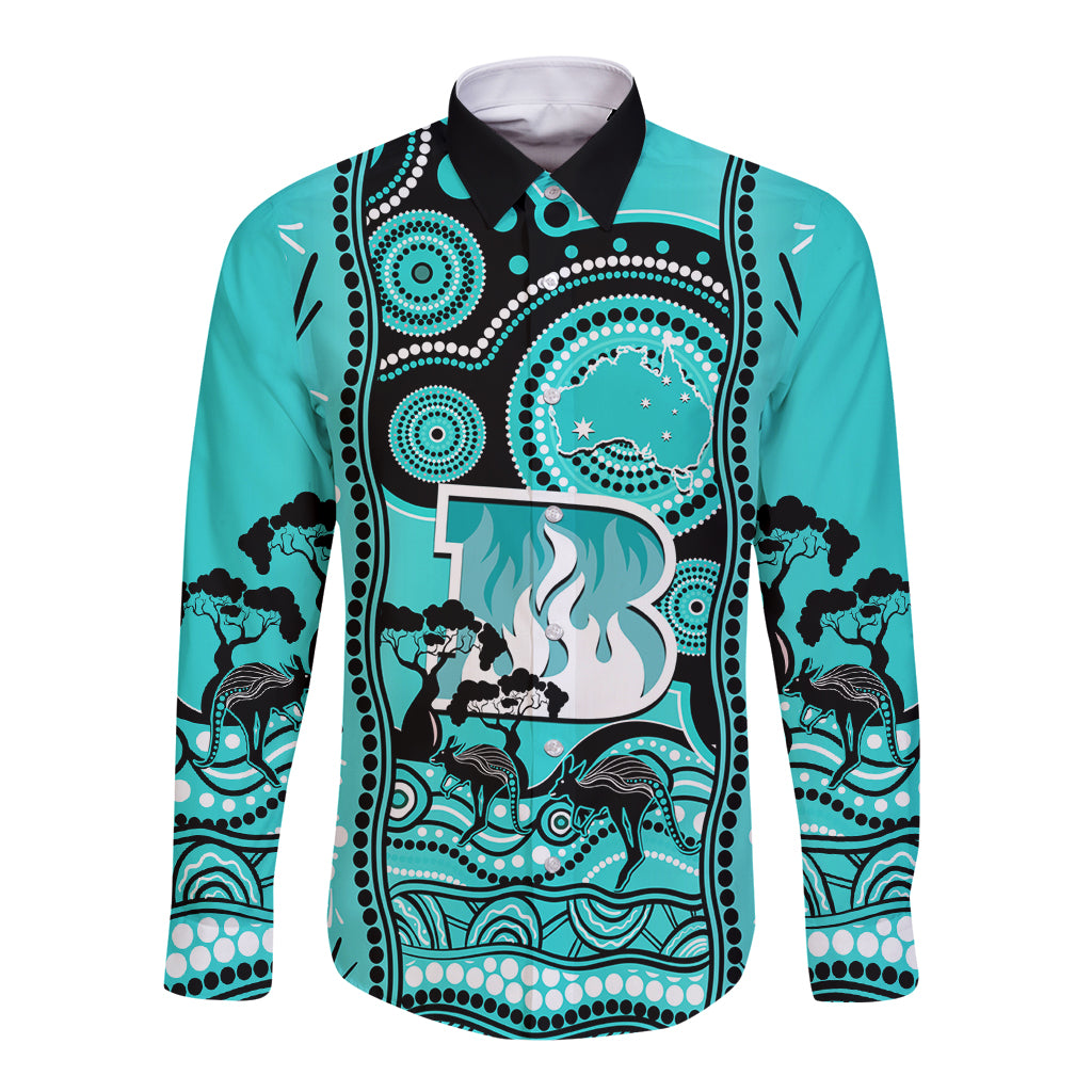 Custom Brisbane Heat Cricket Long Sleeve Button Shirt Happy Australia Day Aboriginal Art - Vibe Hoodie Shop