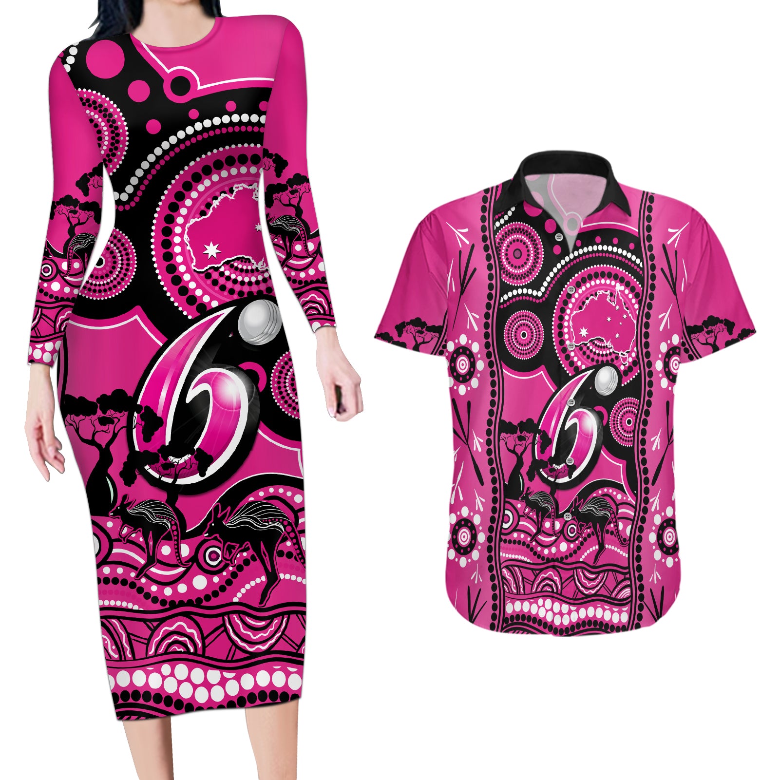 sydney-sixers-cricket-couples-matching-long-sleeve-bodycon-dress-and-hawaiian-shirt-happy-australia-day-aboriginal-art