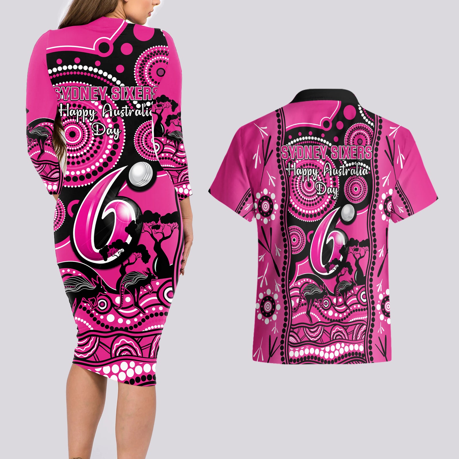 sydney-sixers-cricket-couples-matching-long-sleeve-bodycon-dress-and-hawaiian-shirt-happy-australia-day-aboriginal-art