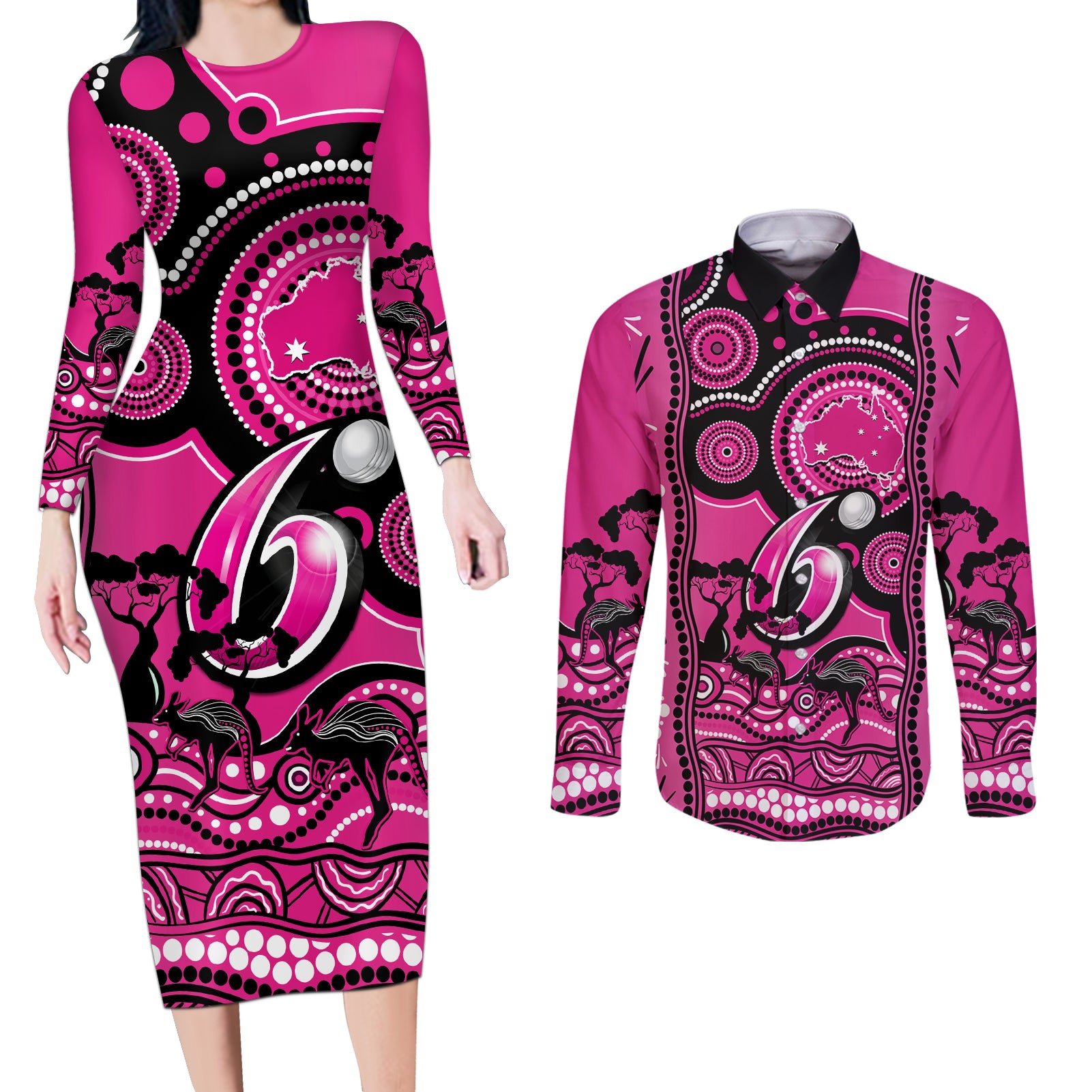 sydney-sixers-cricket-couples-matching-long-sleeve-bodycon-dress-and-long-sleeve-button-shirt-happy-australia-day-aboriginal-art