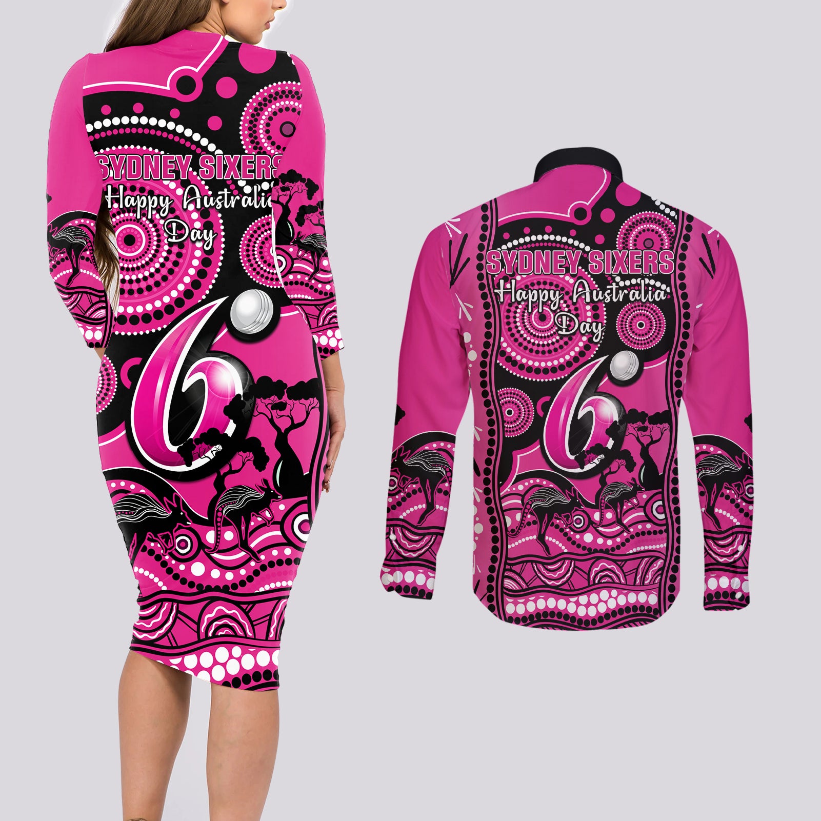 sydney-sixers-cricket-couples-matching-long-sleeve-bodycon-dress-and-long-sleeve-button-shirt-happy-australia-day-aboriginal-art