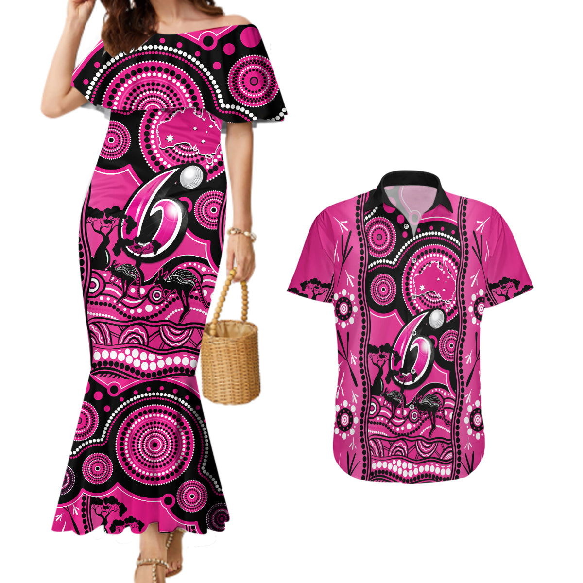 sydney-sixers-cricket-couples-matching-mermaid-dress-and-hawaiian-shirt-happy-australia-day-aboriginal-art