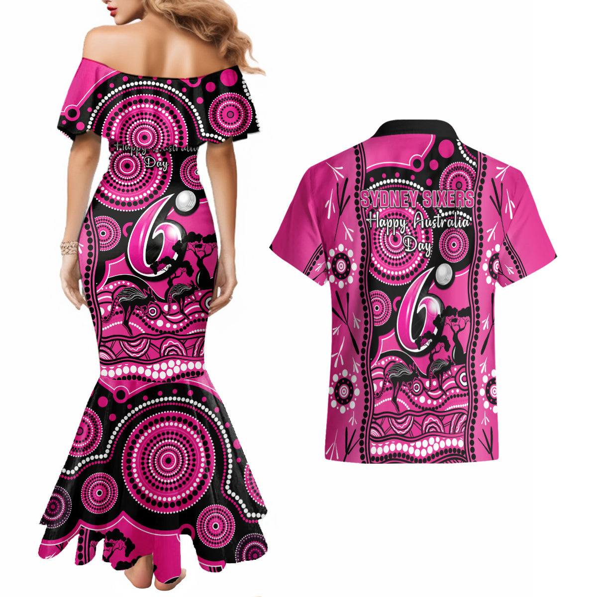 sydney-sixers-cricket-couples-matching-mermaid-dress-and-hawaiian-shirt-happy-australia-day-aboriginal-art