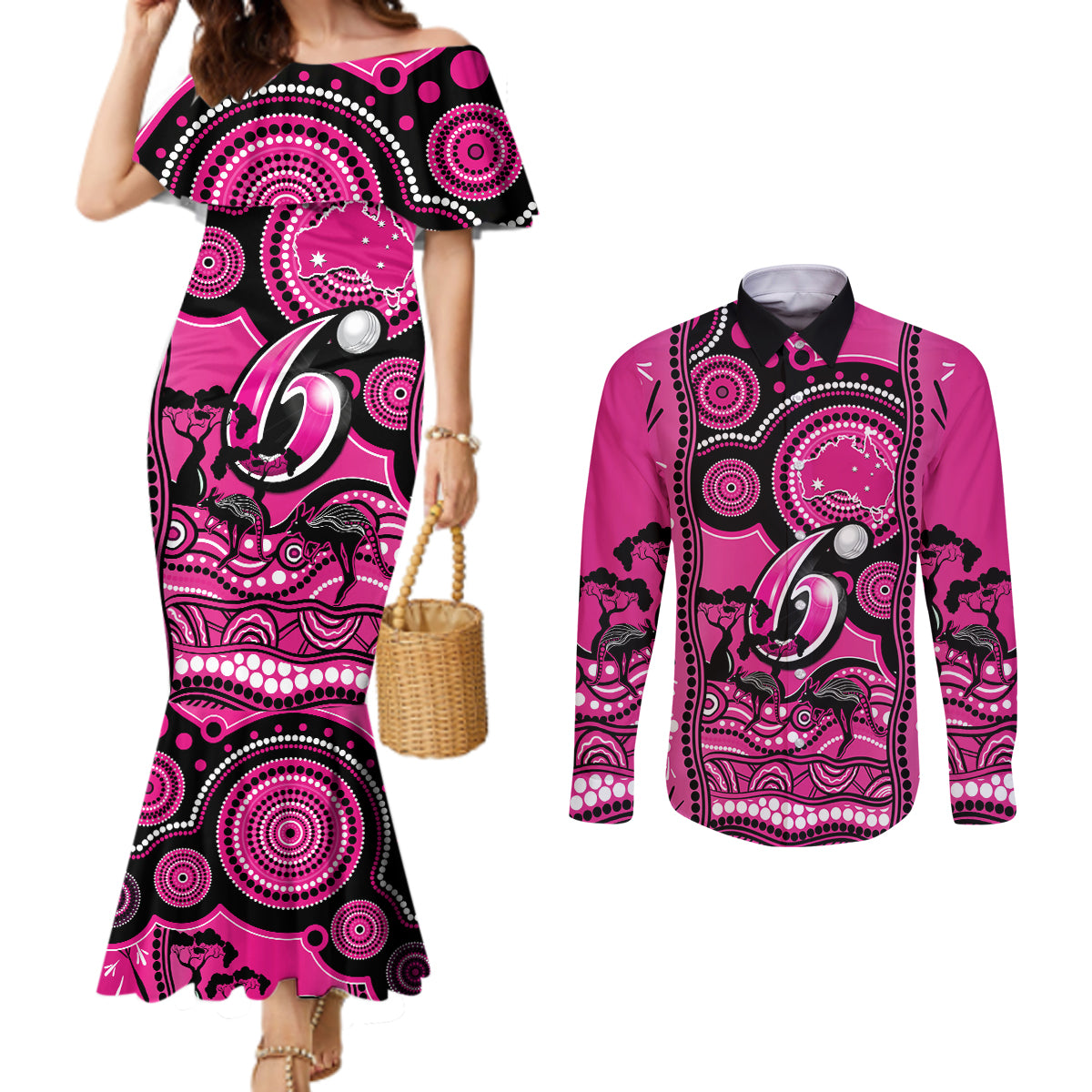 sydney-sixers-cricket-couples-matching-mermaid-dress-and-long-sleeve-button-shirt-happy-australia-day-aboriginal-art