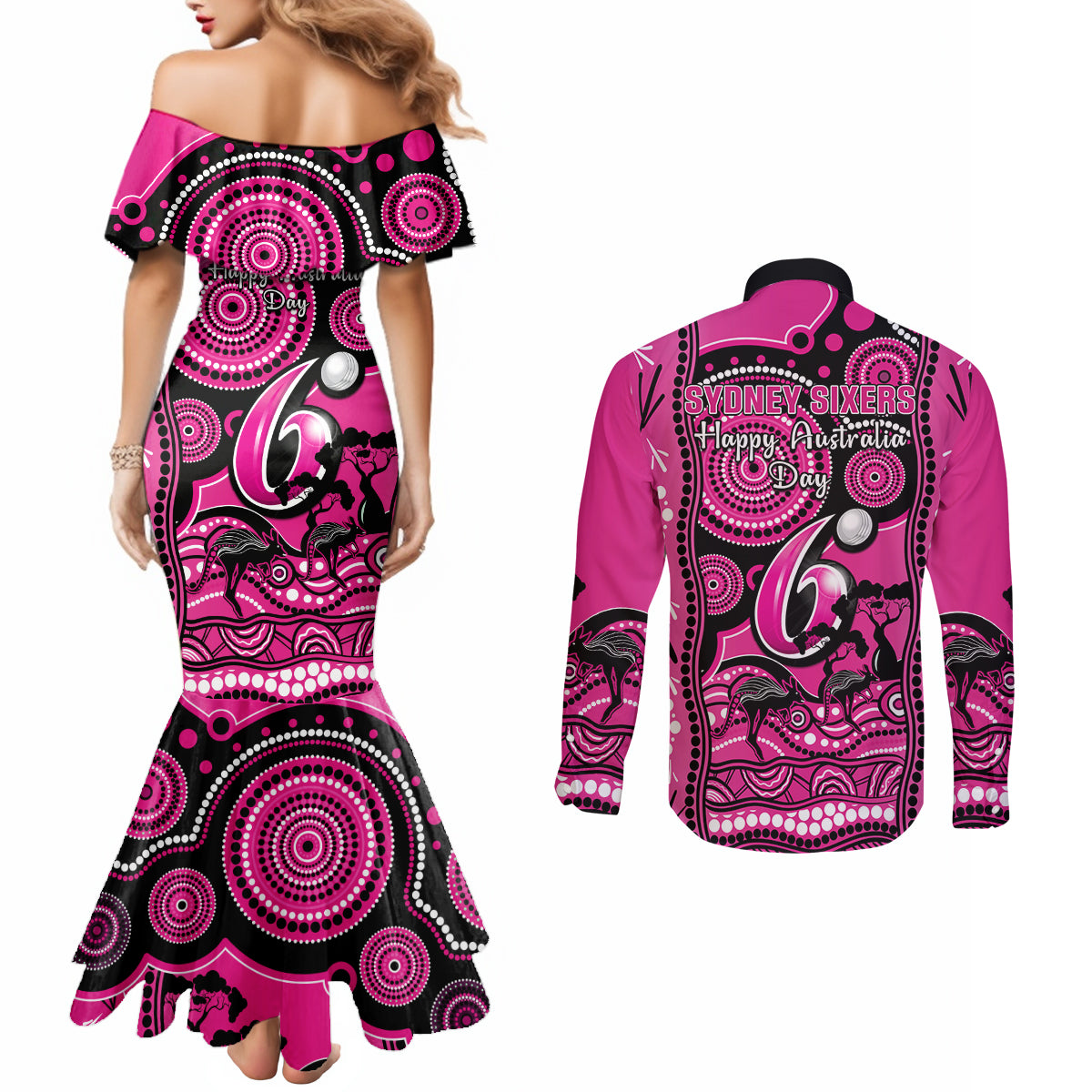 sydney-sixers-cricket-couples-matching-mermaid-dress-and-long-sleeve-button-shirt-happy-australia-day-aboriginal-art