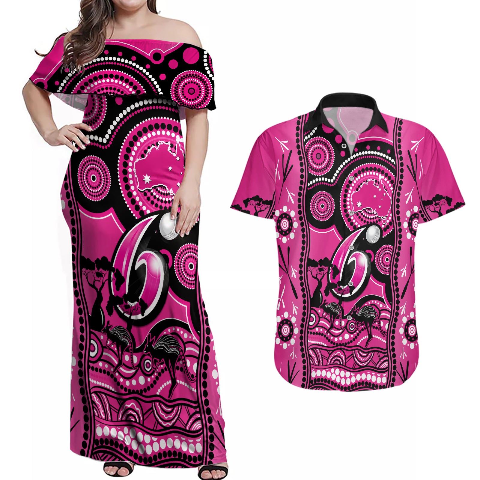 sydney-sixers-cricket-couples-matching-off-shoulder-maxi-dress-and-hawaiian-shirt-happy-australia-day-aboriginal-art