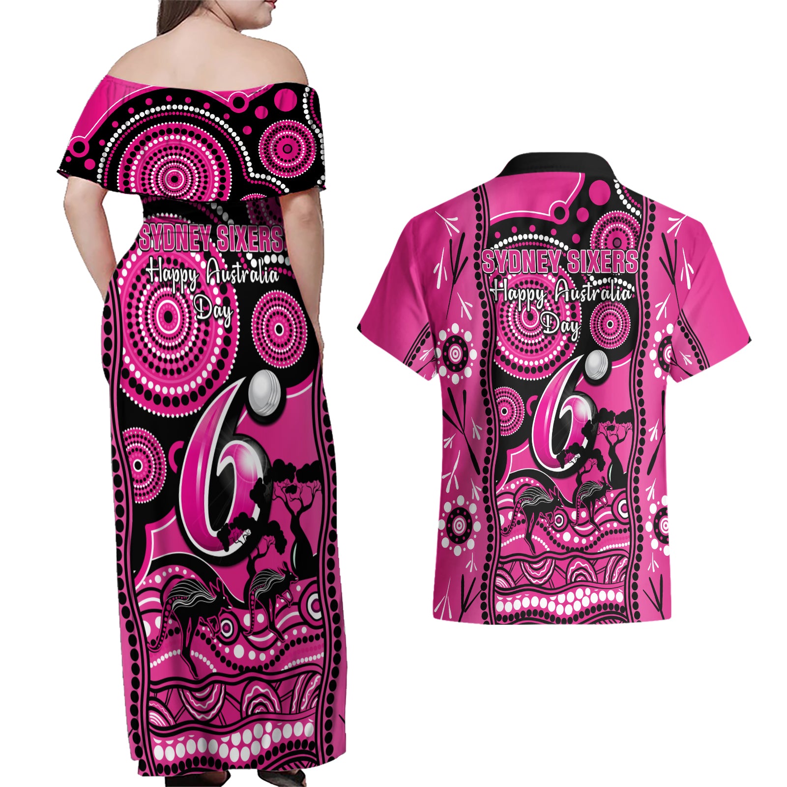 sydney-sixers-cricket-couples-matching-off-shoulder-maxi-dress-and-hawaiian-shirt-happy-australia-day-aboriginal-art