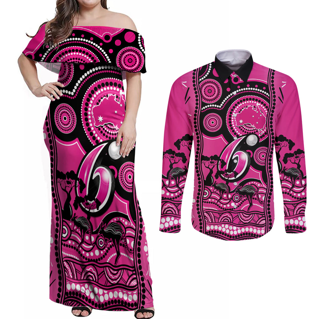 sydney-sixers-cricket-couples-matching-off-shoulder-maxi-dress-and-long-sleeve-button-shirt-happy-australia-day-aboriginal-art