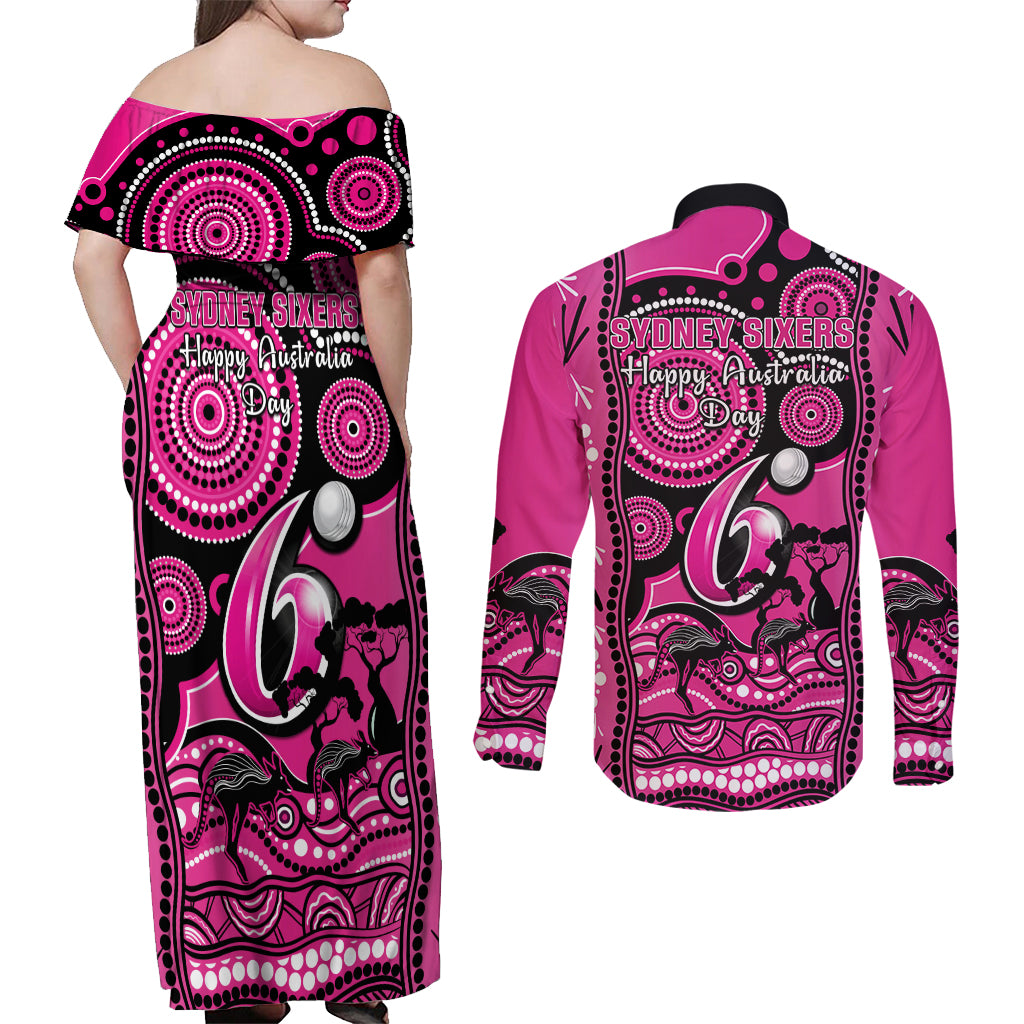 sydney-sixers-cricket-couples-matching-off-shoulder-maxi-dress-and-long-sleeve-button-shirt-happy-australia-day-aboriginal-art