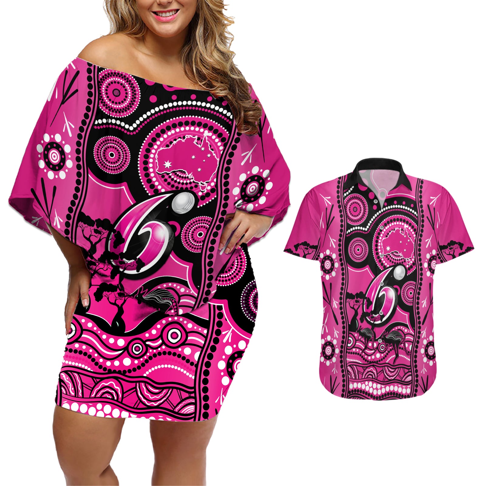 sydney-sixers-cricket-couples-matching-off-shoulder-short-dress-and-hawaiian-shirt-happy-australia-day-aboriginal-art