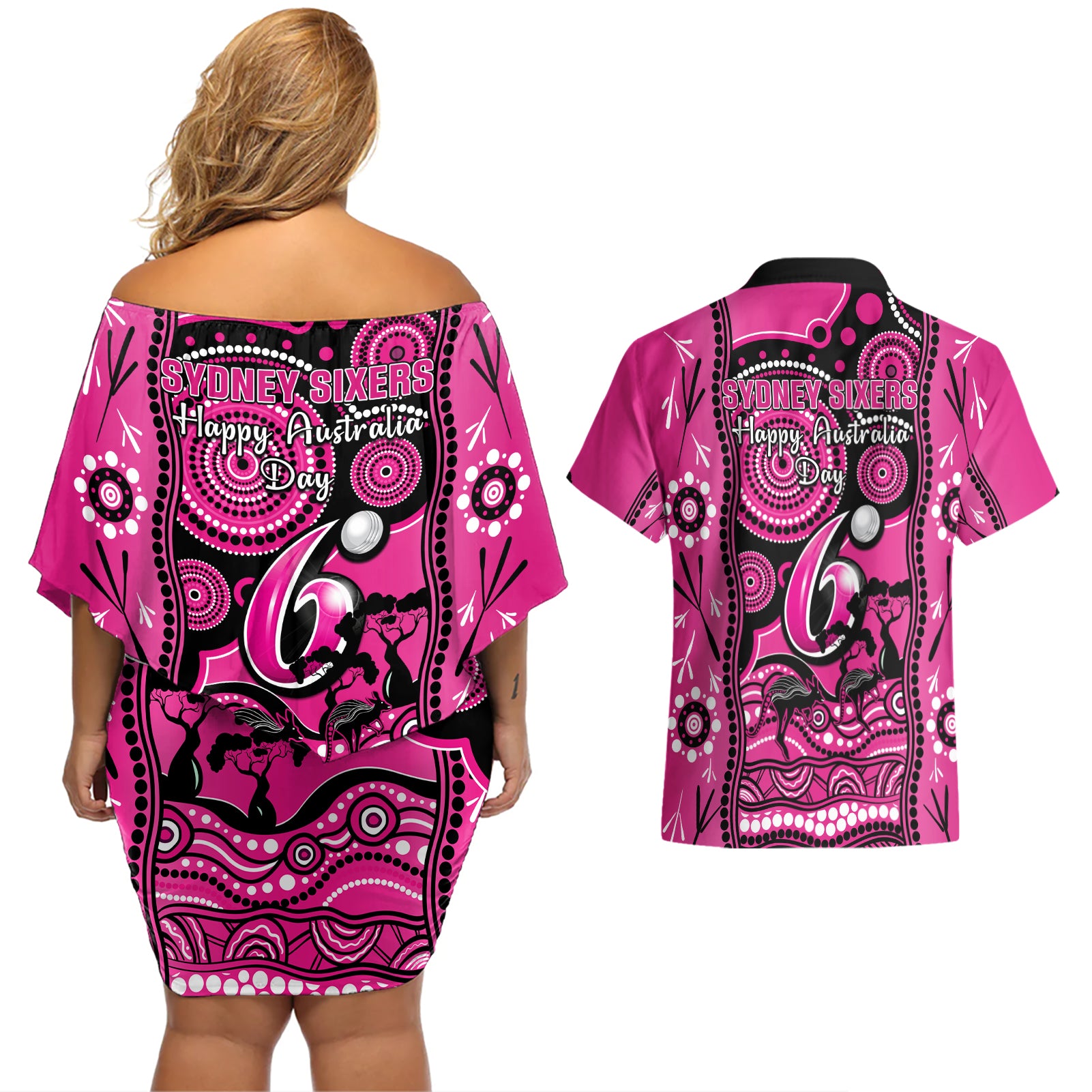 sydney-sixers-cricket-couples-matching-off-shoulder-short-dress-and-hawaiian-shirt-happy-australia-day-aboriginal-art