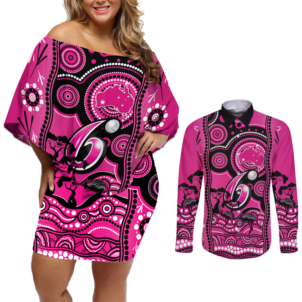 sydney-sixers-cricket-couples-matching-off-shoulder-short-dress-and-long-sleeve-button-shirt-happy-australia-day-aboriginal-art